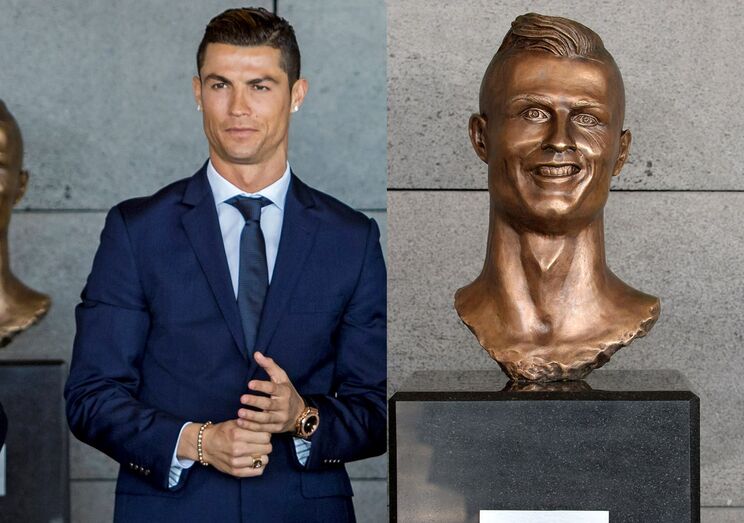 Cristiano Ronaldo e o busto feito por Emanuel Santos, no aeroporto da Madeira. O craque não perdoa a irmã Katia. A cantora não esteve na cerimónia única na vida do craque